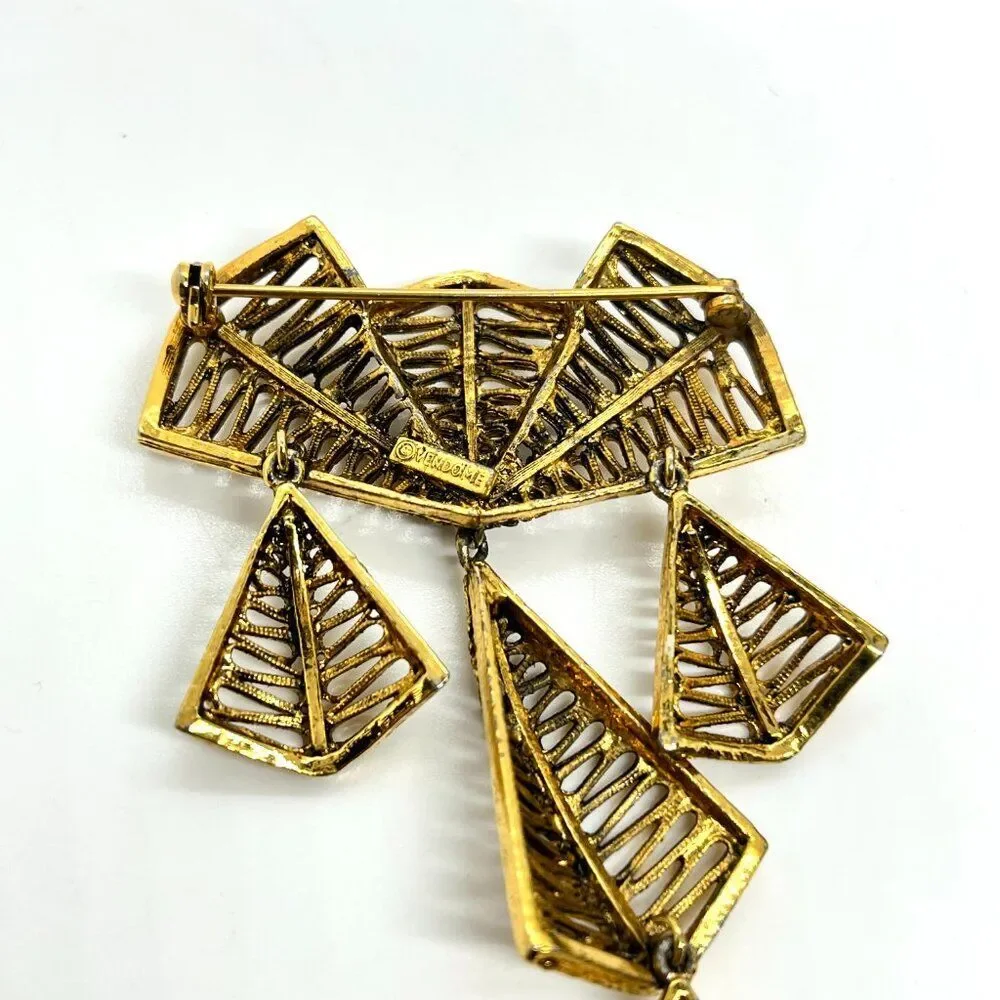 VINTAGE VENDOME BROOCH Articulated Gold Tone Modernist Geometric Dangle Pin